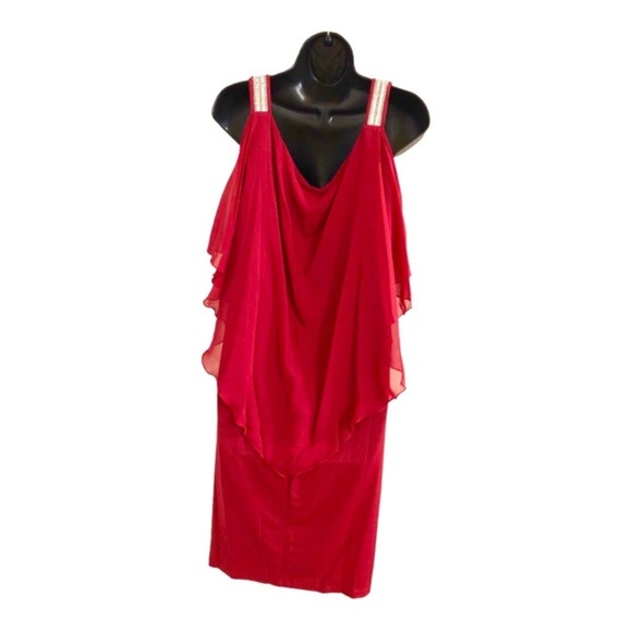 EnFocus red sheer cape sequin strap cold shoulder elegant plus size dress 14W - Picture 9 of 16
